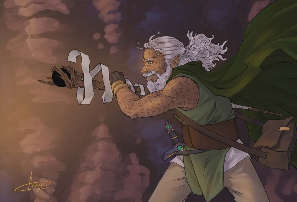 Art of Uvaer wielding his staff in battle. Artist: Anna Cooper of Champion Comics, 2026